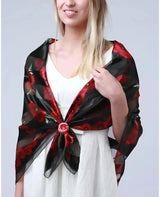 Woman wearing black and red floral print scarf - Poppy Square Scarf & Holder Set for Remembrance Day