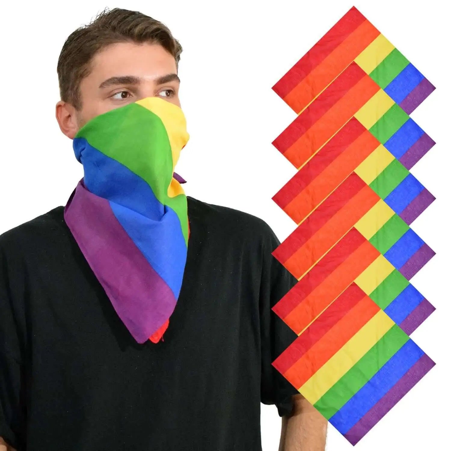 Man wearing colorful Pride Rainbow Flag bandana set, made of 100% cotton