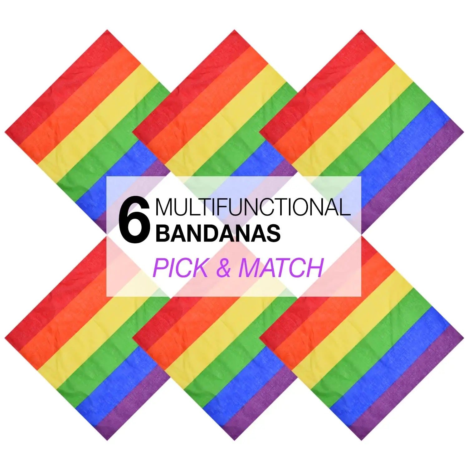Multicultural pandas pick and match on rainbow flag bandana set with pride rainbow flag design.