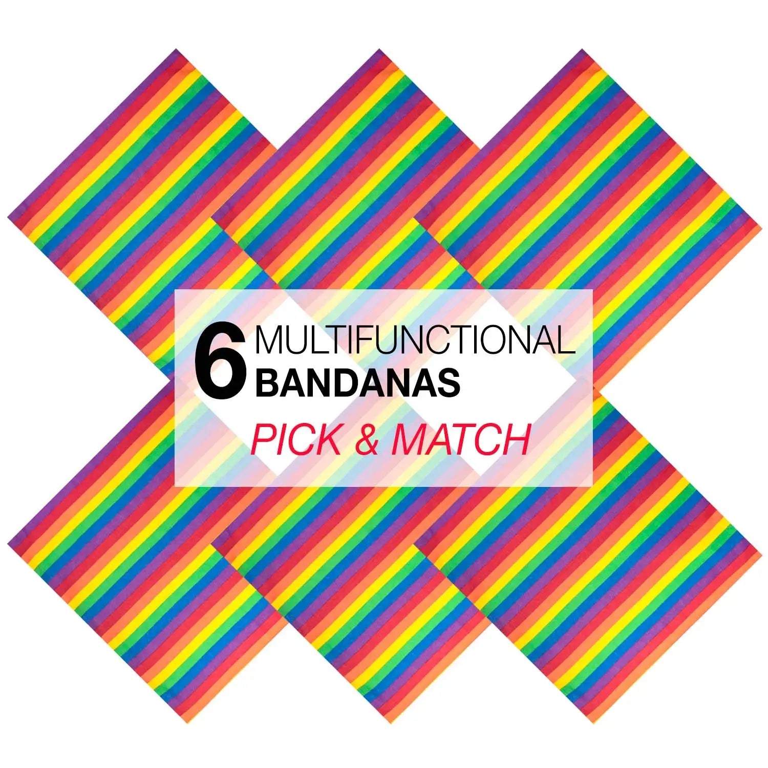Pride rainbow flag bandana set displaying 6 functionals of the rainbow