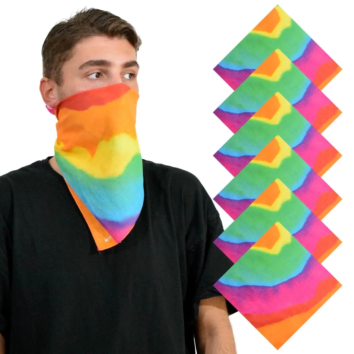 Pride rainbow flag bandana set featuring man wearing tie around neck
