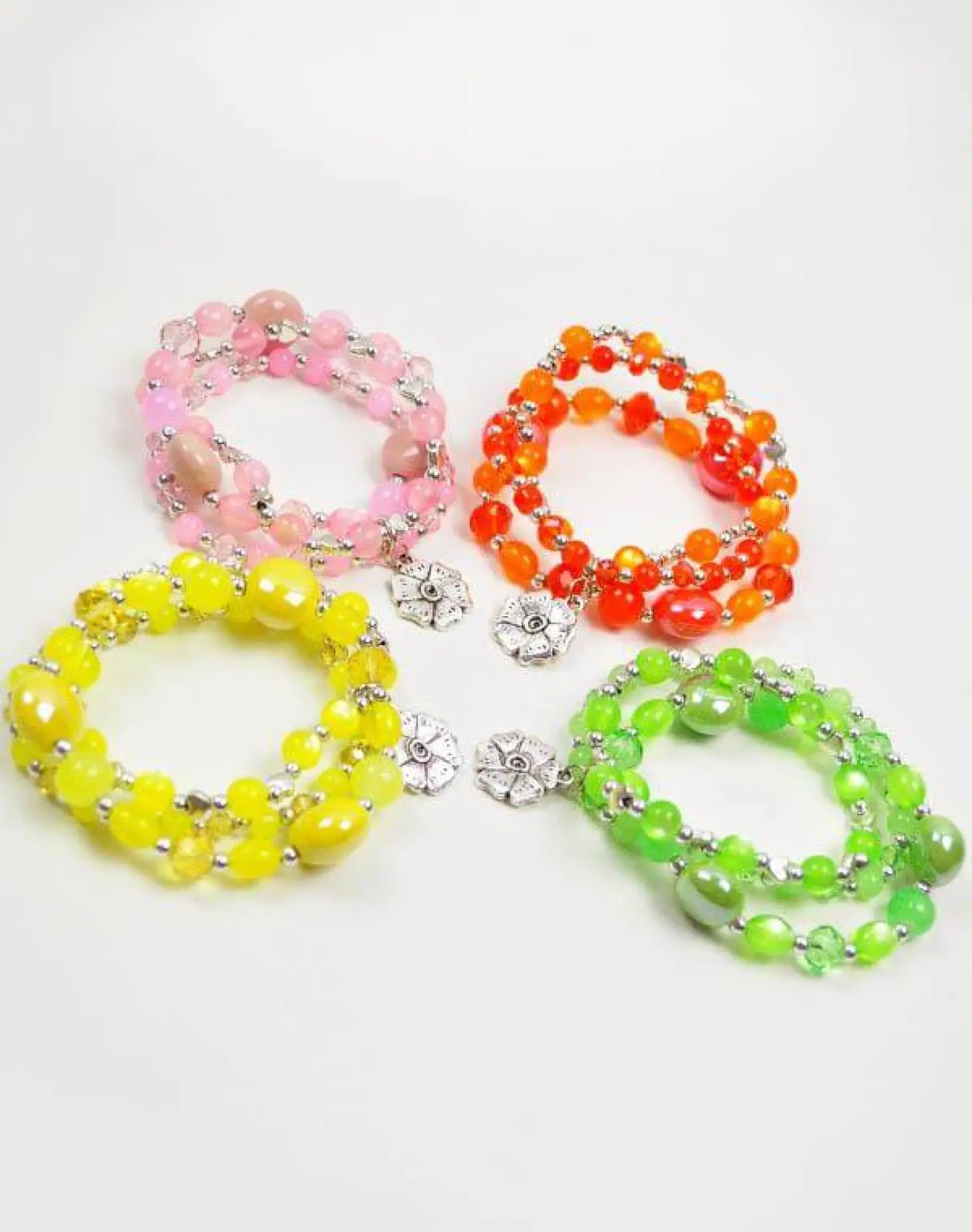 Quad-Set Colourful Bead Multi-Layered Bracelets with Flower Charm