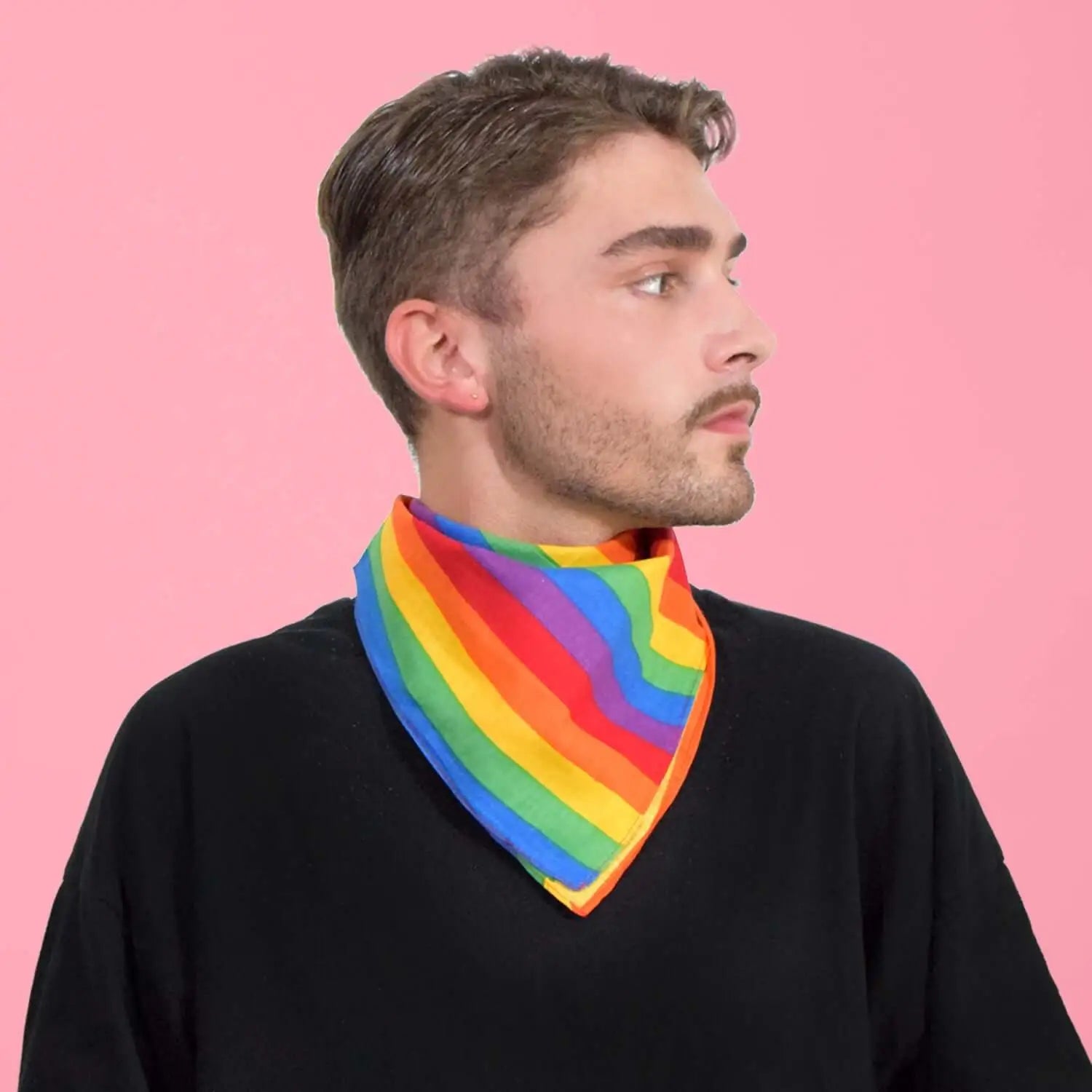 Rainbow Print Multifunctional Bandana - 100% Cotton with a man wearing rainbow colored neck scarf