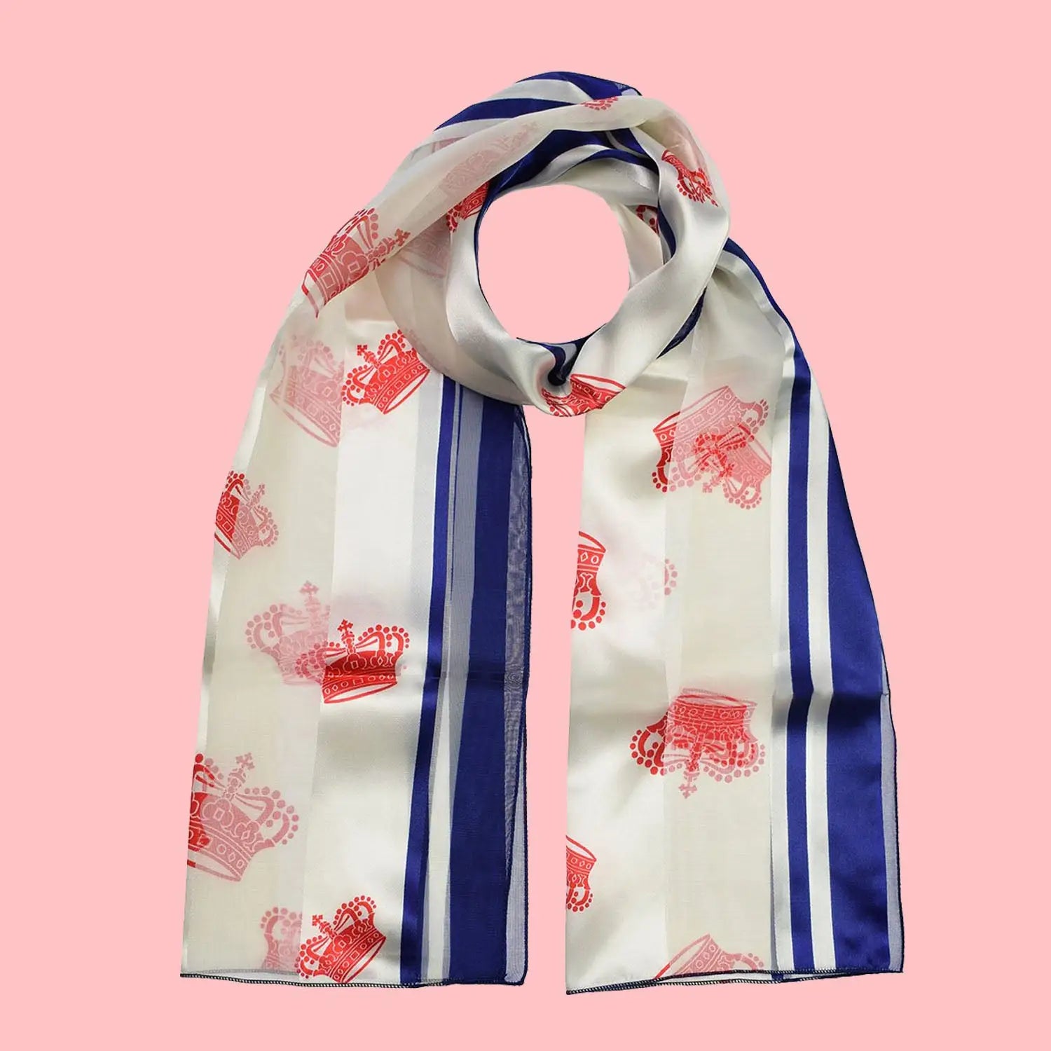 Regal Queens Crown Print Satin Stripe Scarf - Luxurious and Elegant Red and White Design