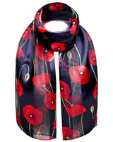 Red poppy floral print scarf on black background