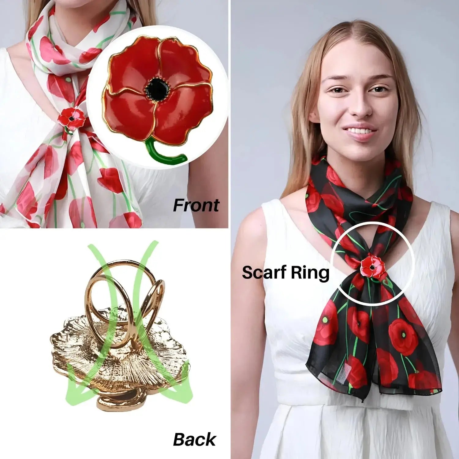 Woman wearing a Poppy Floral Print Scarf & Scarf Holder