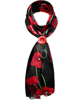 Poppy Floral Print Scarf and Gold Plated Ring set with black and red scarf and red flower.
