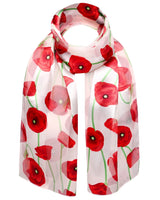 Poppy floral print scarf with red flowers displayed on white background.