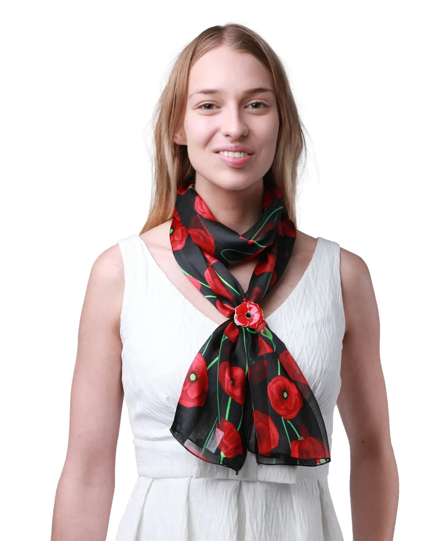 Woman wearing Remembrance Day Poppy Floral Print Scarf