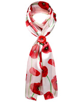 Poppy floral print scarf with red flowers on white background.