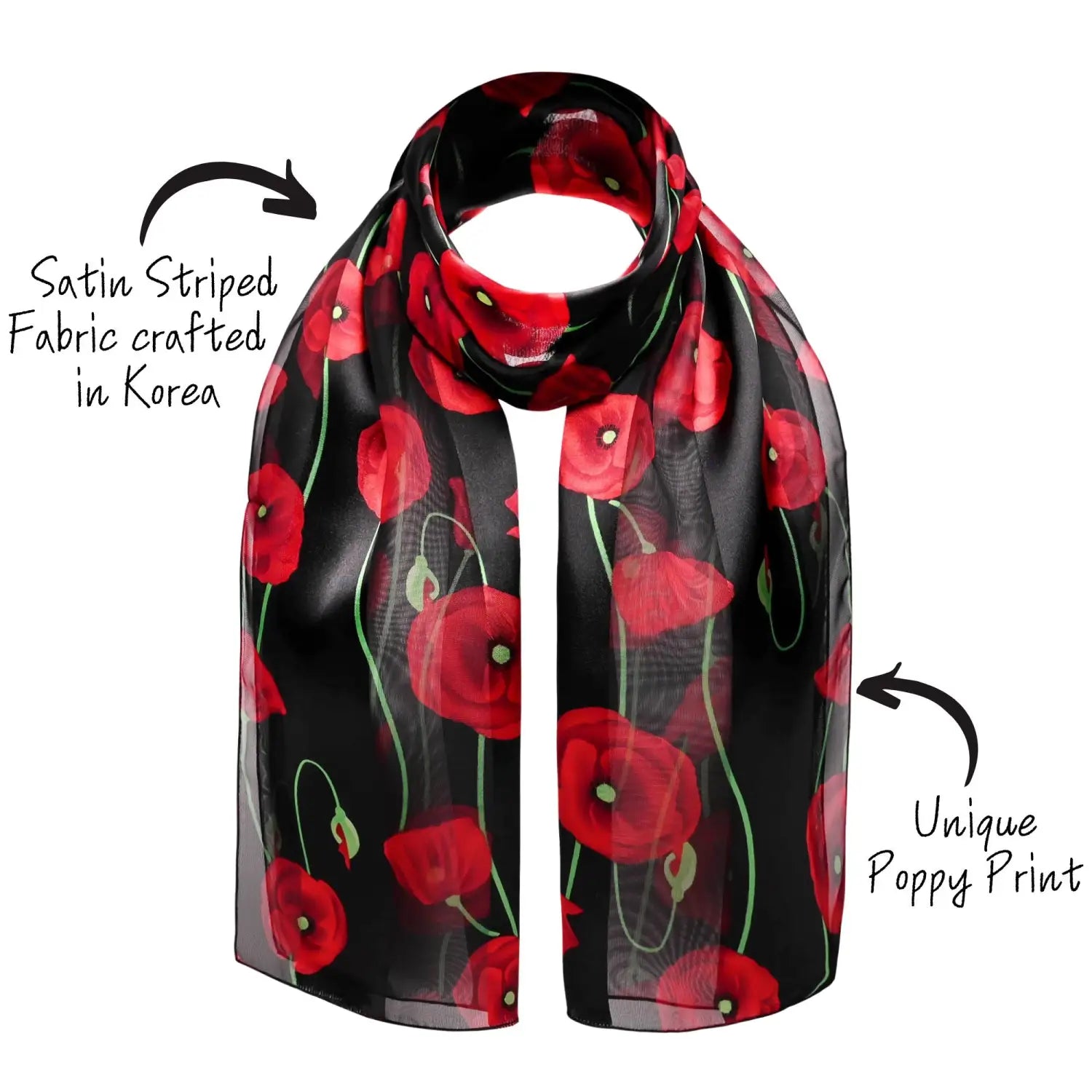 Black and red poppy floral print scarf with red flowers