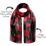 Black and red poppy floral print scarf with red flowers