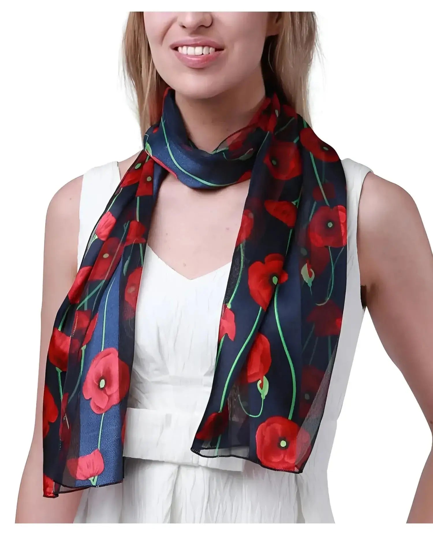 Woman wearing red and blue poppy floral print scarf.