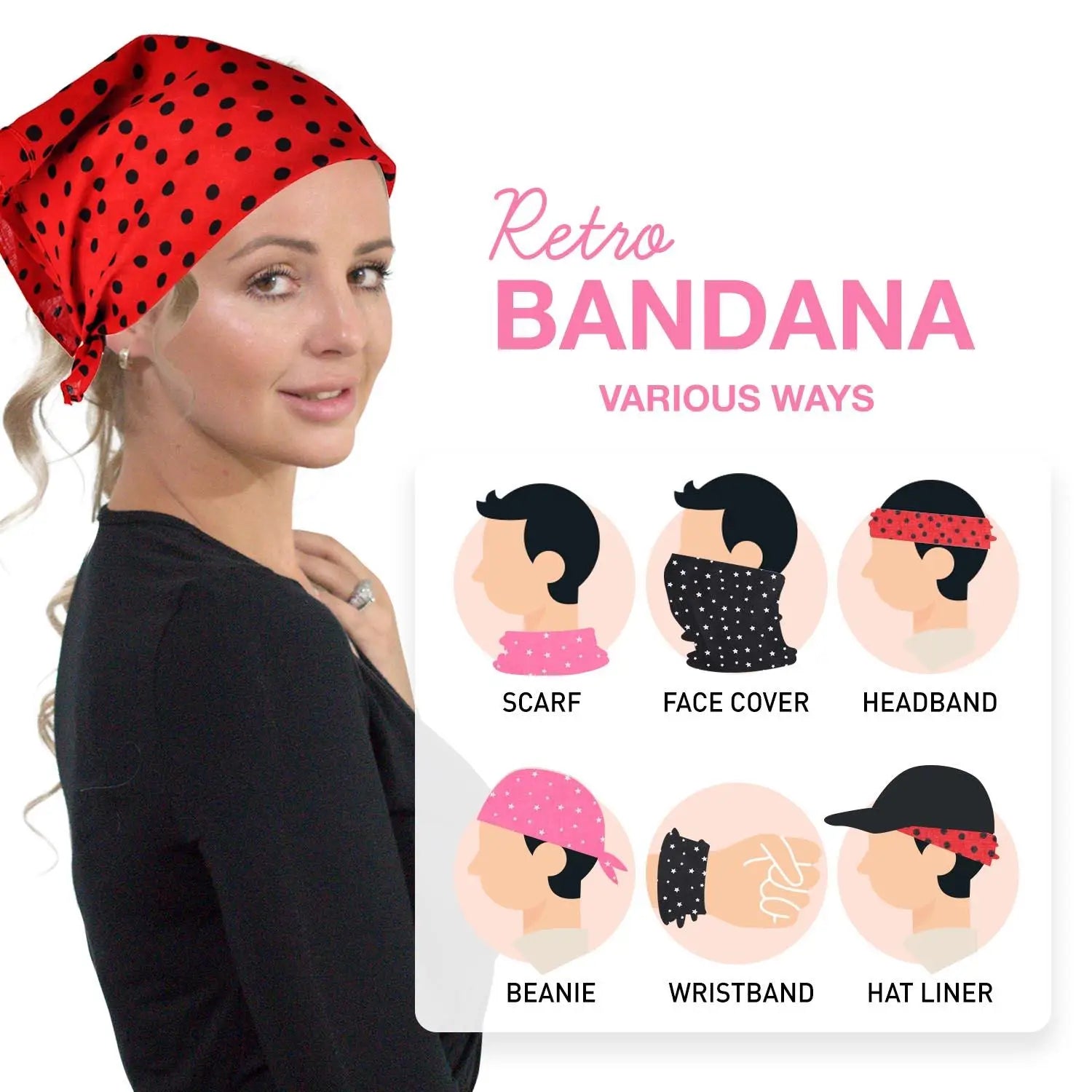 Woman wearing polka dot and star headbands from Retro 3PCS Bandana Set