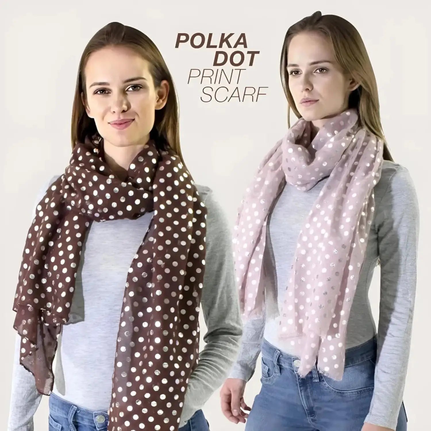 Two women wearing polka dot scarves and jeans standing next to each other.