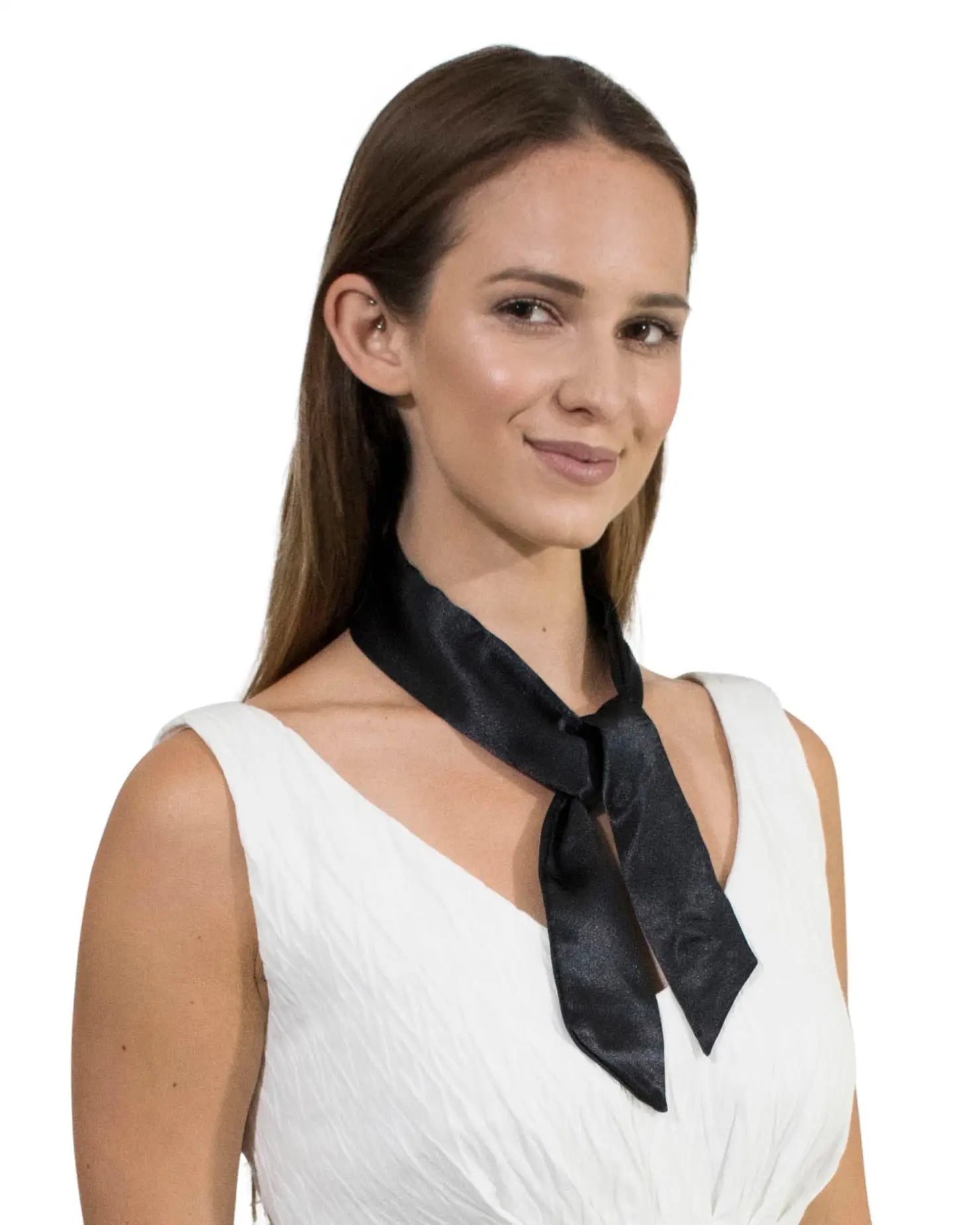 Silky Satin Skinny Ribbon Sash Scarf on woman in white dress and black tie