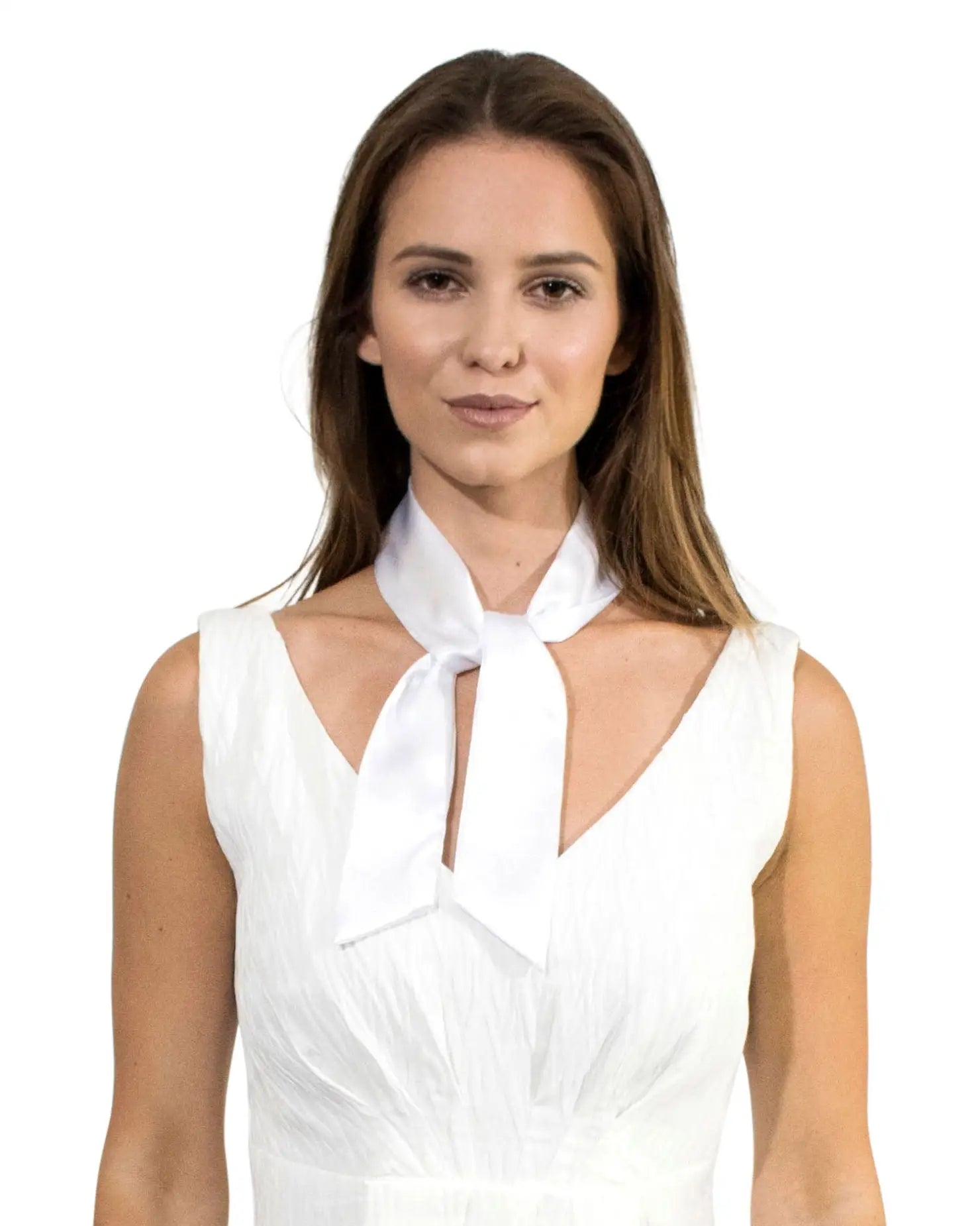 Woman in white dress with white collar wearing Retro Silky Satin Skinny Sash Scarf