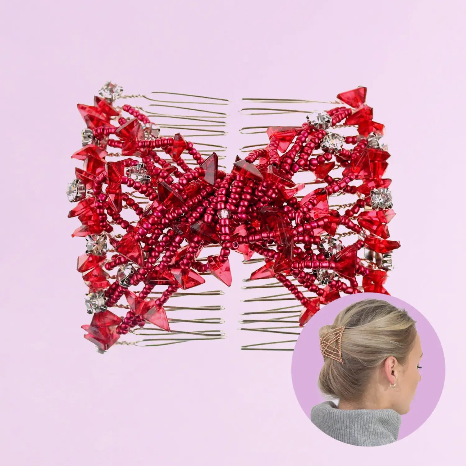 Woman wearing a red bow hair comb from Rhinestone Beads Twin Magic Hair Combs - Double Slide Design