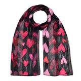 Black scarf with pink hearts on Romantic Heart & Rose Print Lightweight Satin Scarf.