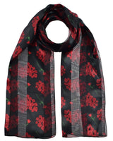 Red and black floral satin scarf with heart and rose print