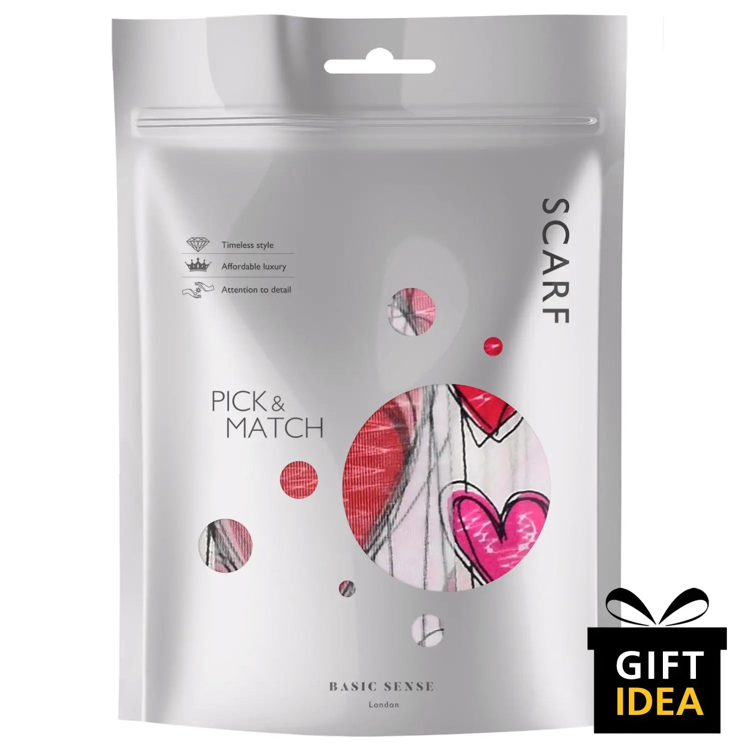 Pink match powder bag displayed with Romantic Heart & Rose Print Lightweight Satin Scarf