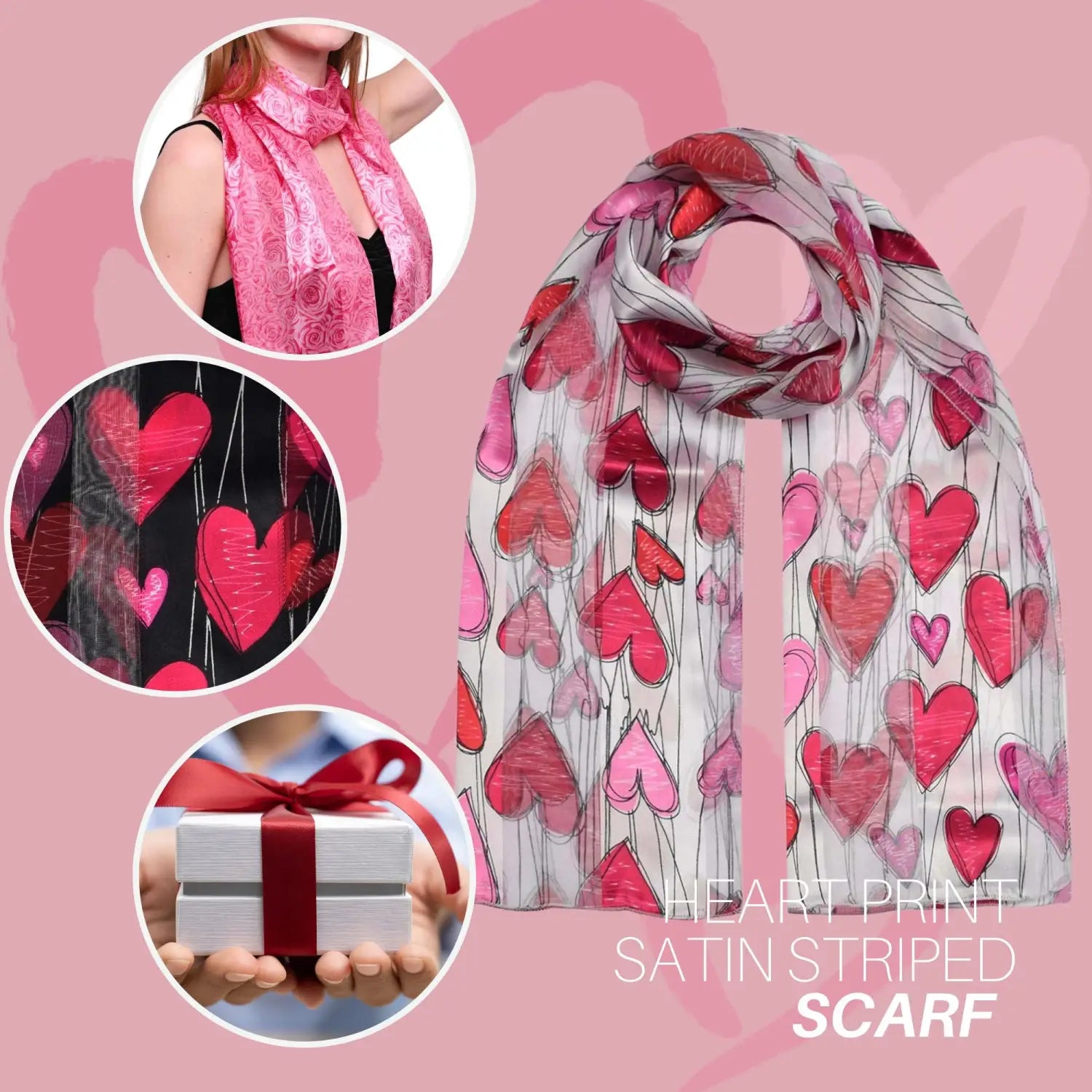 Romantic Heart & Rose Print Lightweight Satin Scarf with Hearts and Gift Box