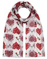 Romantic Heart & Rose Print Lightweight Satin Scarf - White scarf with red flower print