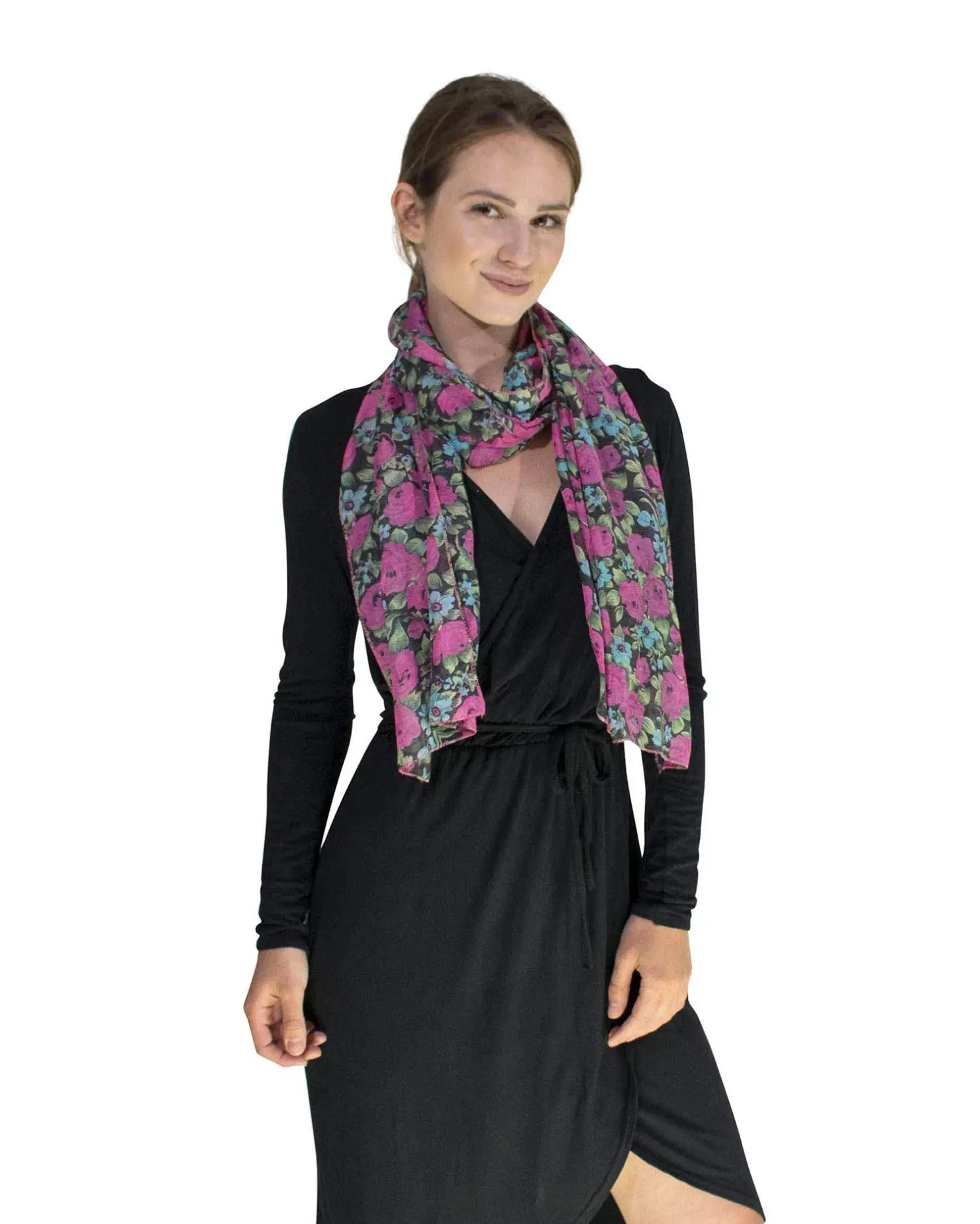 Woman wearing black dress and pink scarf from Rose & Ditsy Floral Print Soft Lightweight Scarf