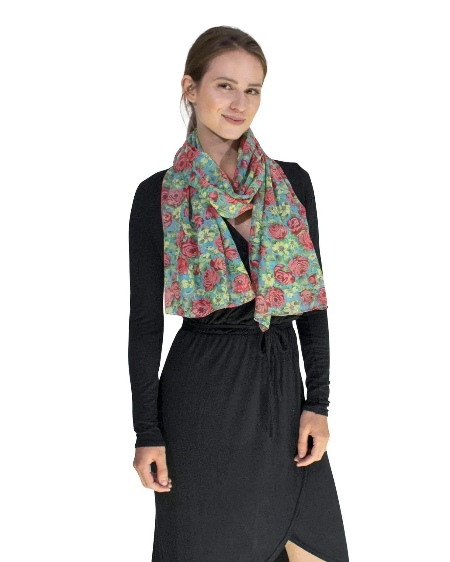 Woman wearing black dress and ditsy floral print lightweight scarf