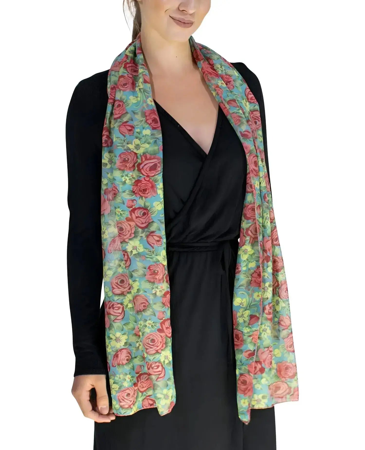 Woman wearing Rose & Ditsy Floral Print Soft Scarf