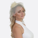 Woman wearing a white hat with a flower - Rose Mesh & Feather Net Fascinator