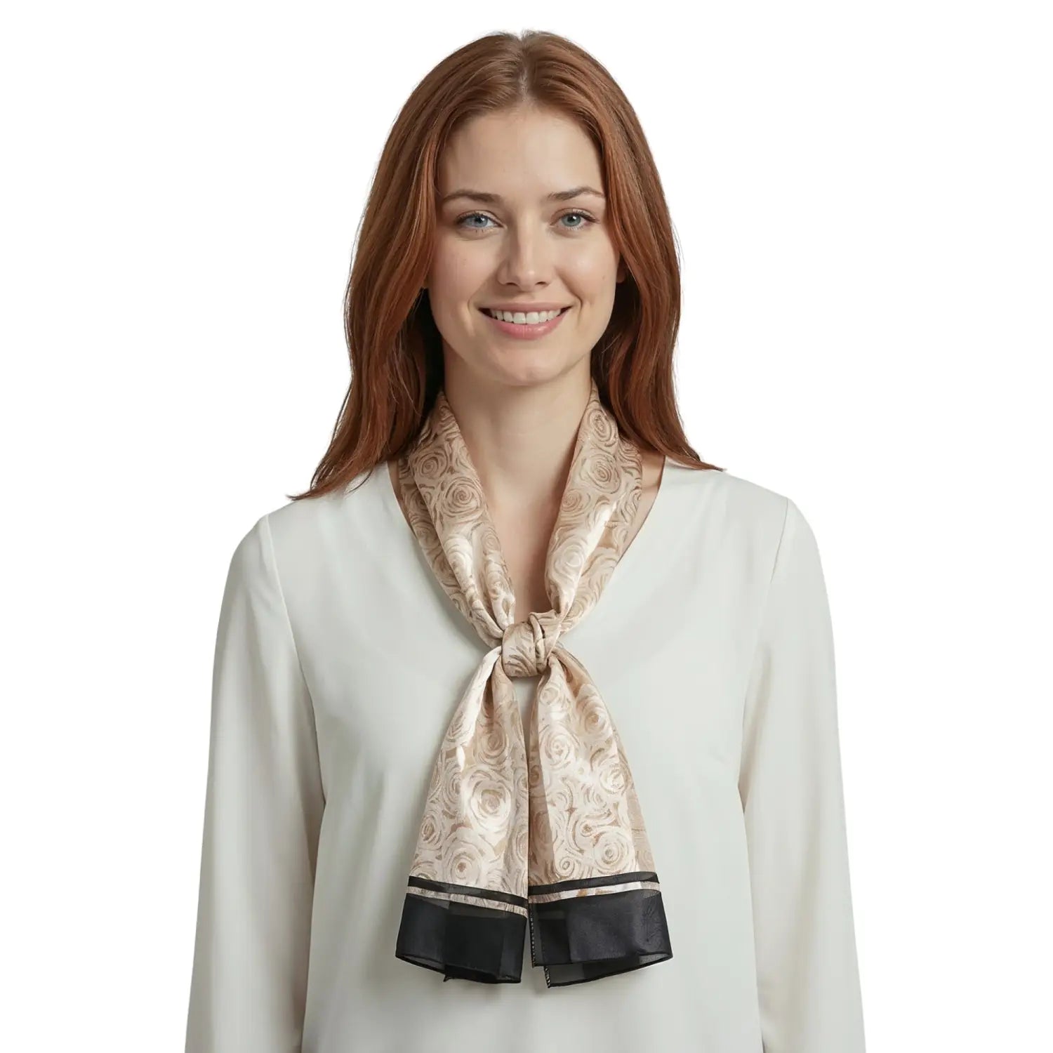 Rose Print Scarf with Black Border and Satin Stripe Finish - Gold - Scarves