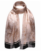 Rose print scarf with black border and satin stripe finish
