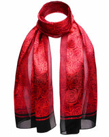 Rose print scarf with black border and satin stripe finish