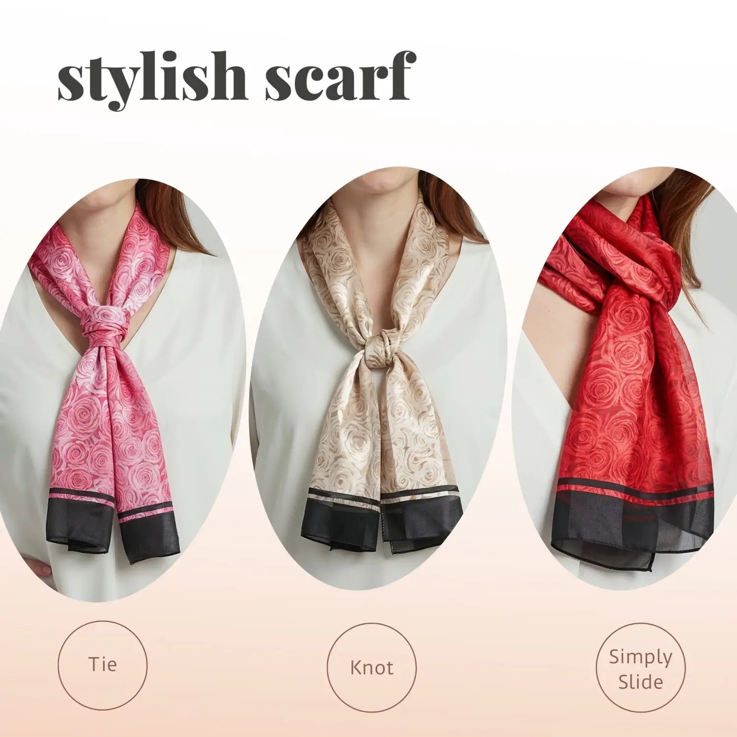 Rose Print Scarf with Black Border and Satin Stripe Finish - Scarves