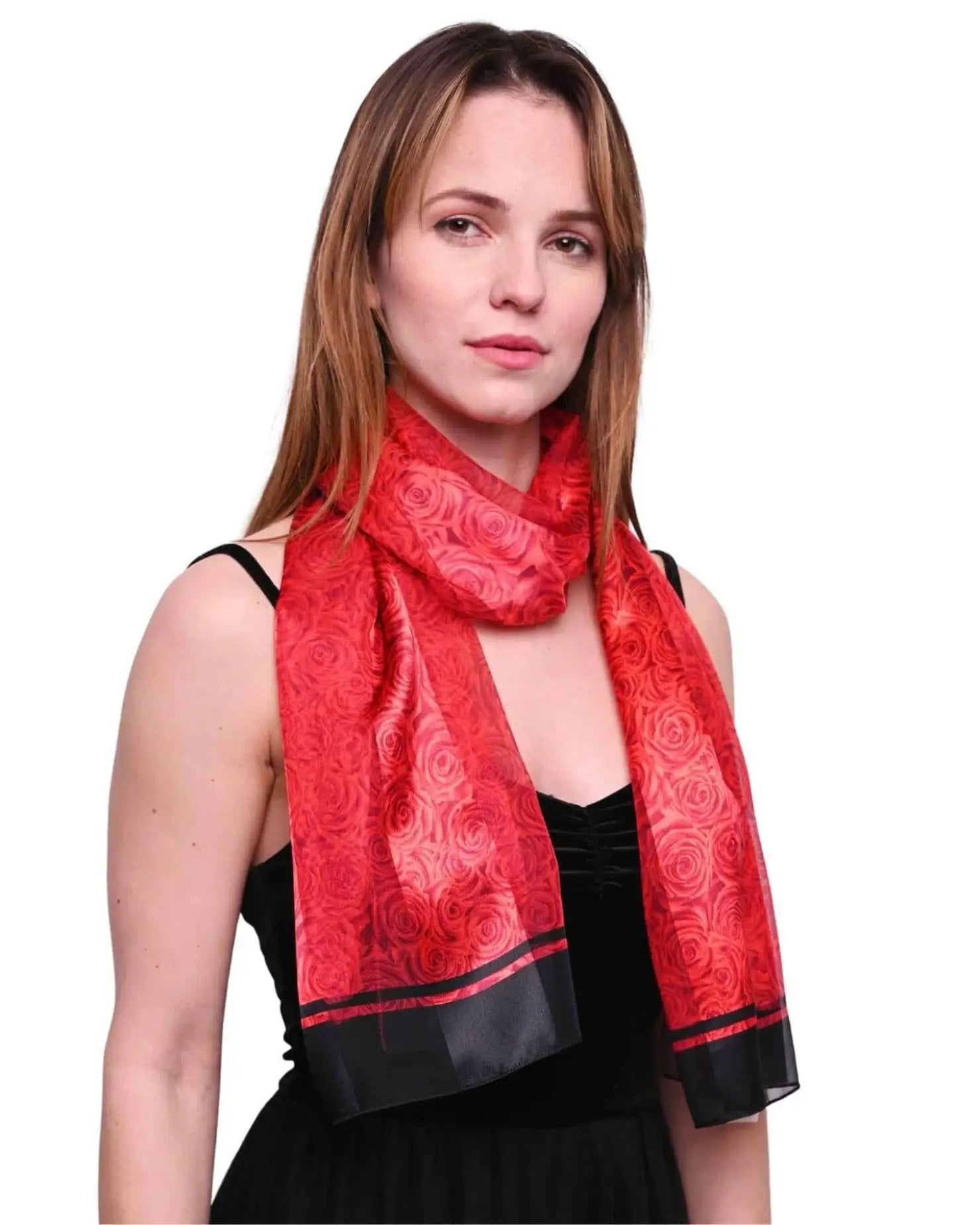 Woman wearing a red rose print scarf