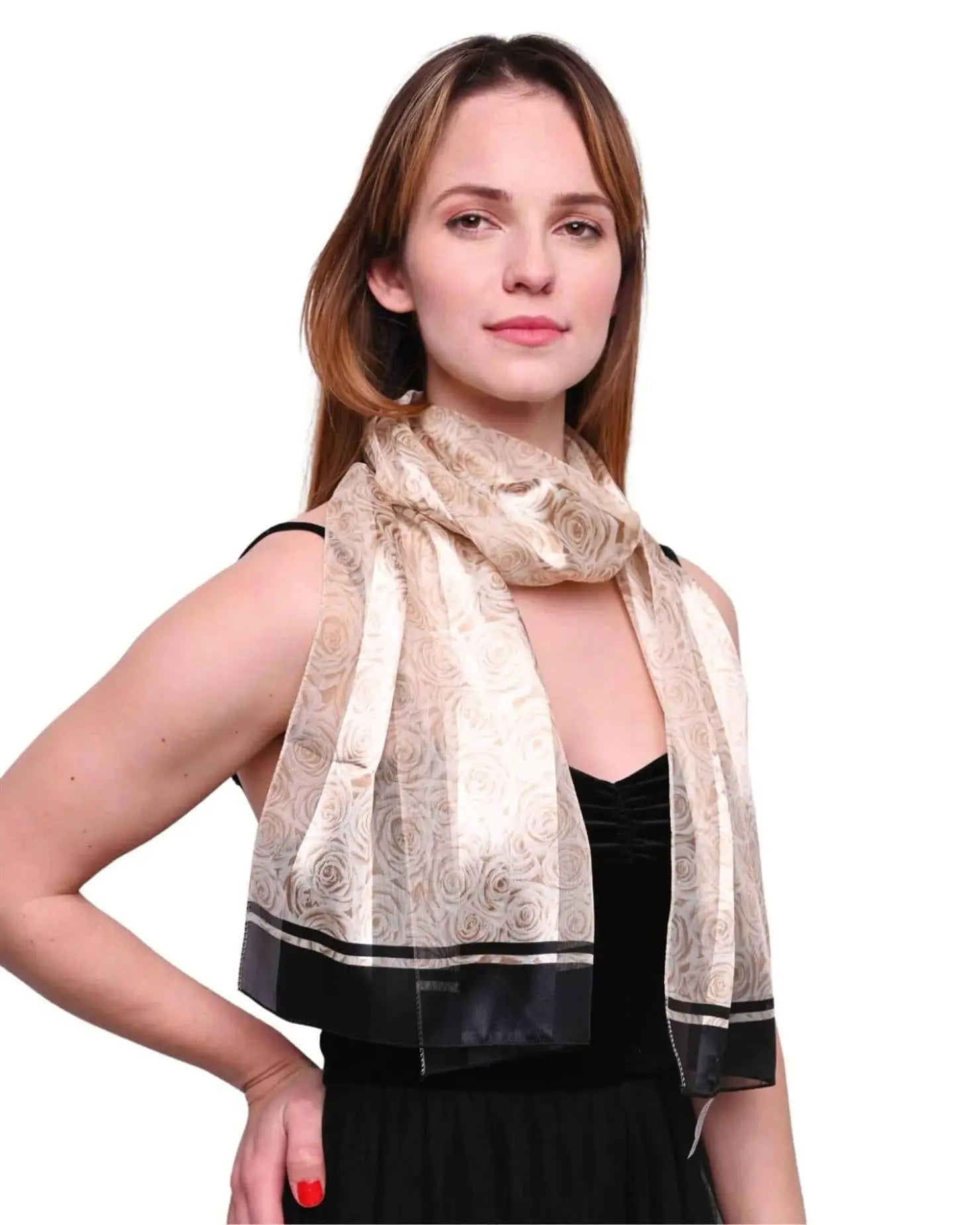 Rose print scarf with black and white pattern worn by a woman