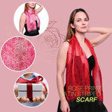 Stylish woman in red scarf and black dress for Rose Print Scarf product.