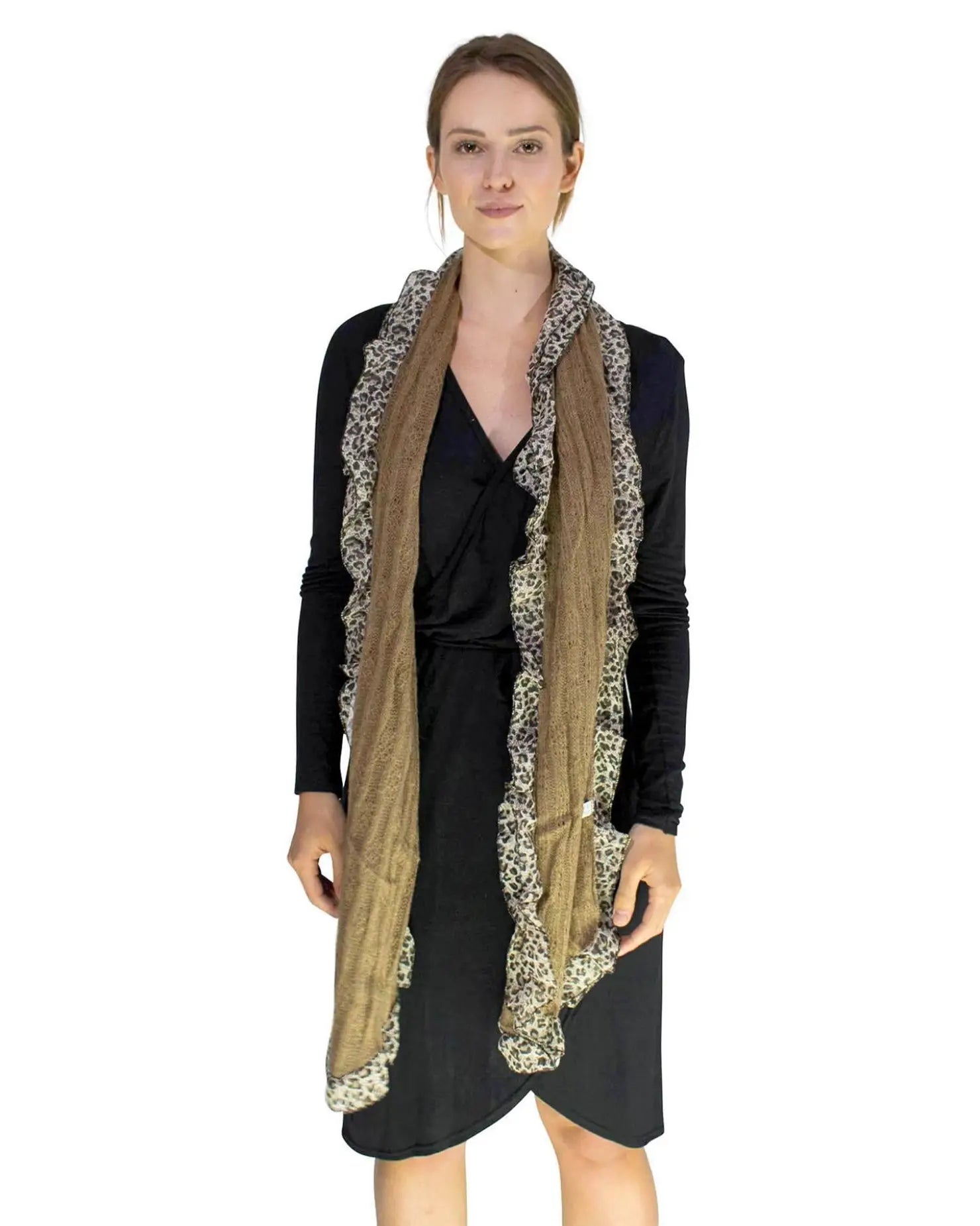 Woman in black dress and gold scarf, part of Ruffle Leopard Print Knitted Scarf product