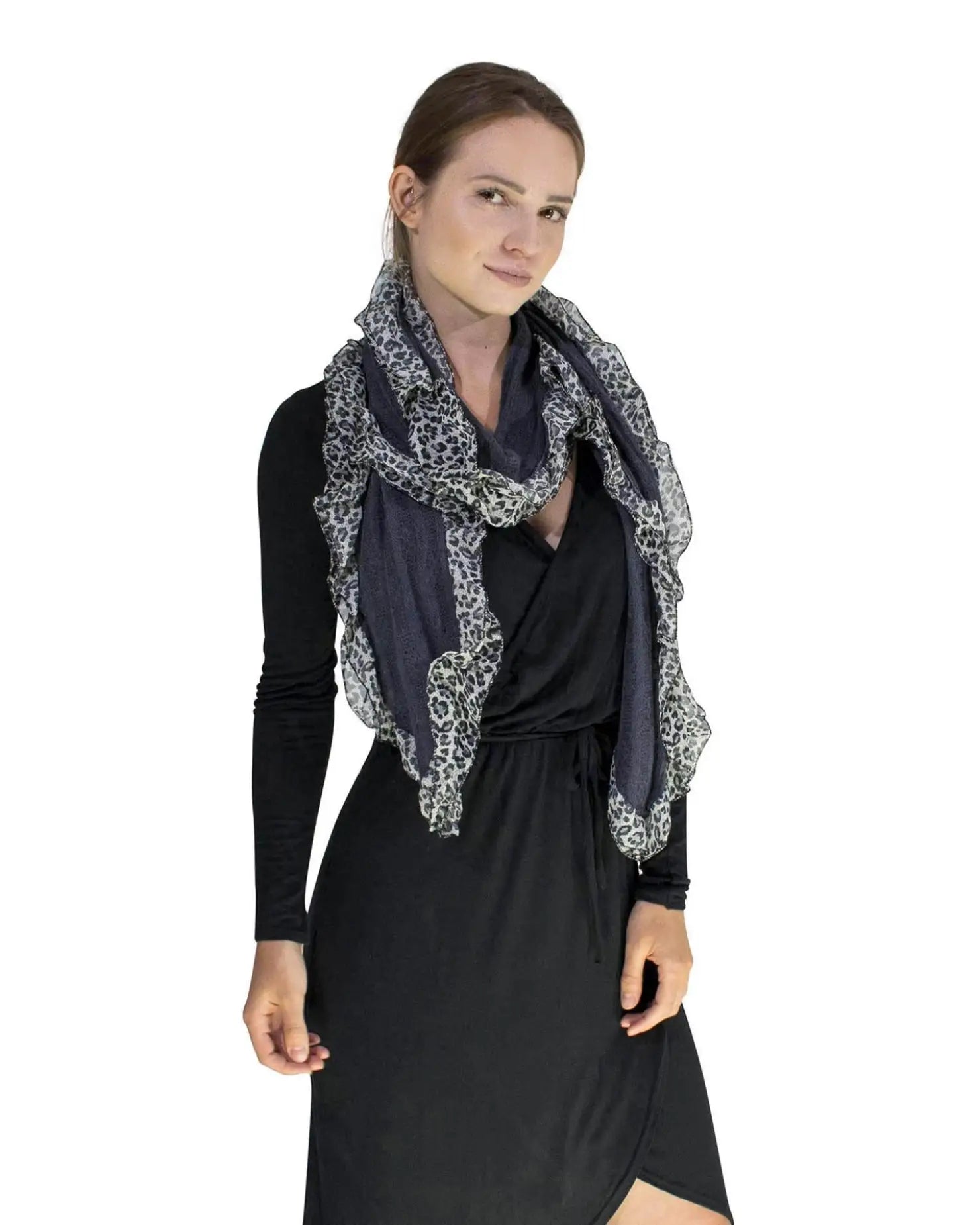 Woman wearing black dress and scarf, featuring Ruffle Leopard Print Knitted Scarf
