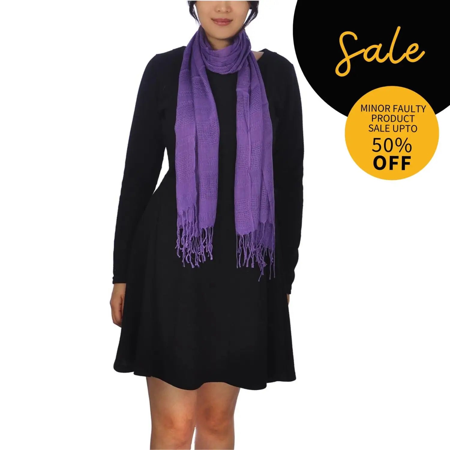 Woman wearing purple textured woven scarf and black dress - SALE Autumn Winter 100% Cotton Textured Woven Scarf, Purple