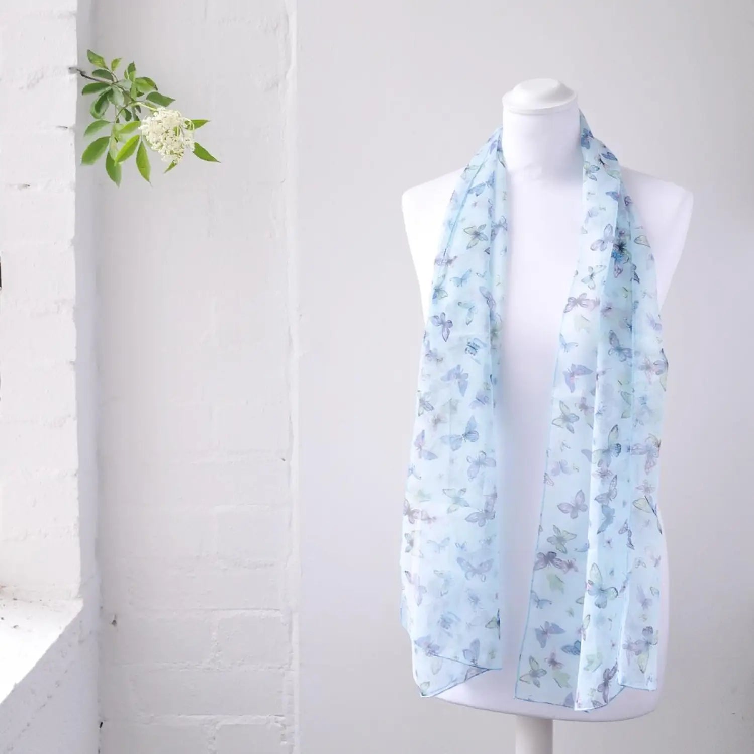 Light blue butterfly print chiffon scarf for women, Mother’s day gift