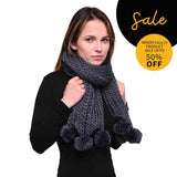 Chunky knit winter scarf in black and grey with pom pom accents, SALE