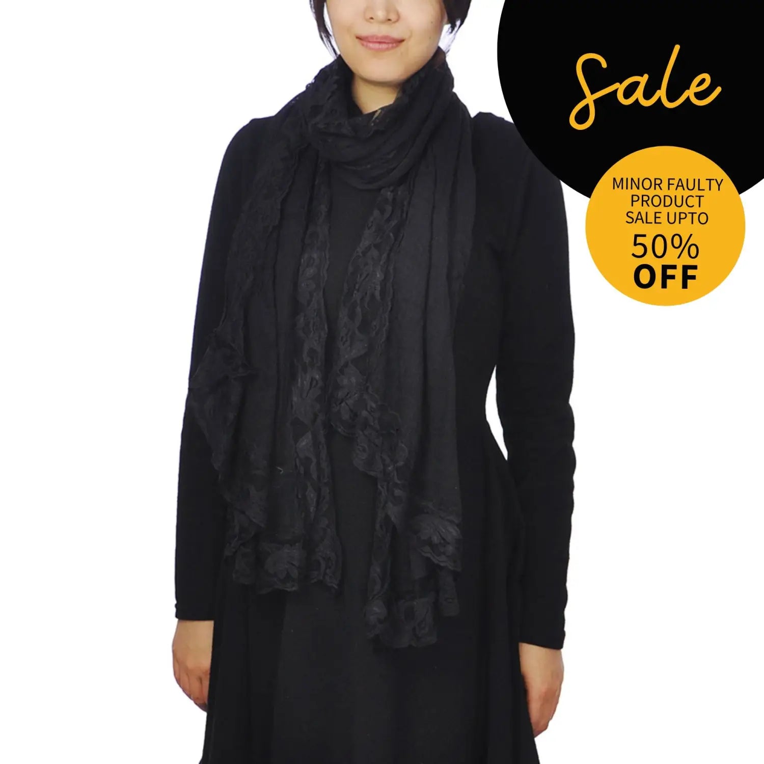 Woman wearing SALE Cotton Crinkled Lace-Edged Evening Scarf in Black