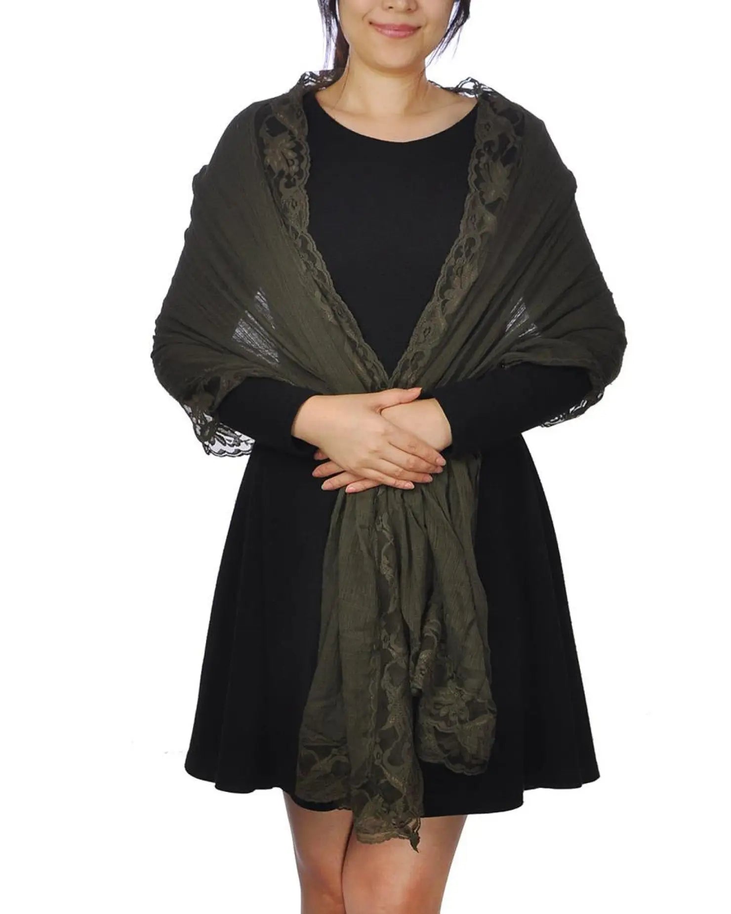 Cotton crinkled lace-edged evening scarf in khaki color worn by a woman