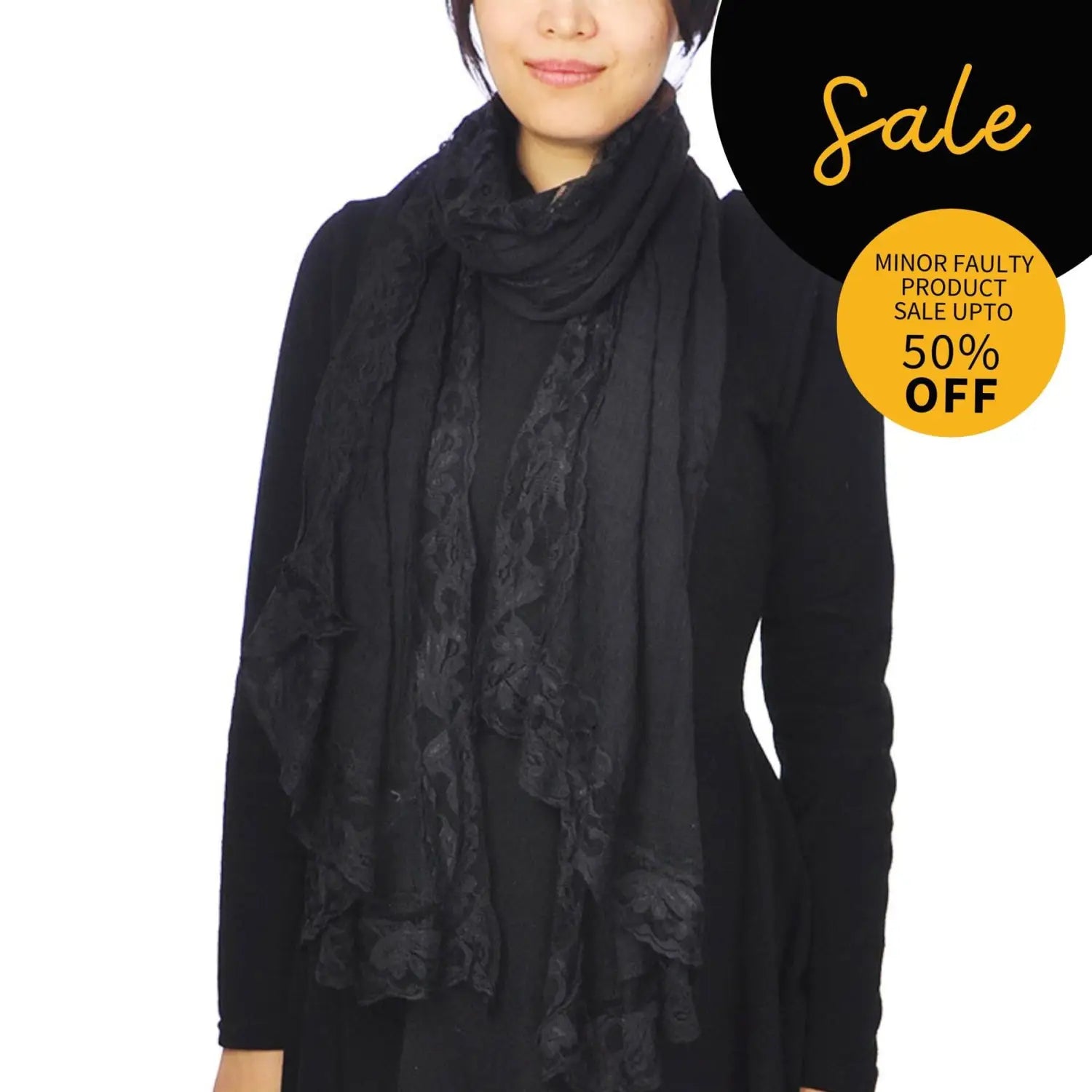 SALE Cotton Crinkled Lace-Edged Scarf Evening Shawl Black