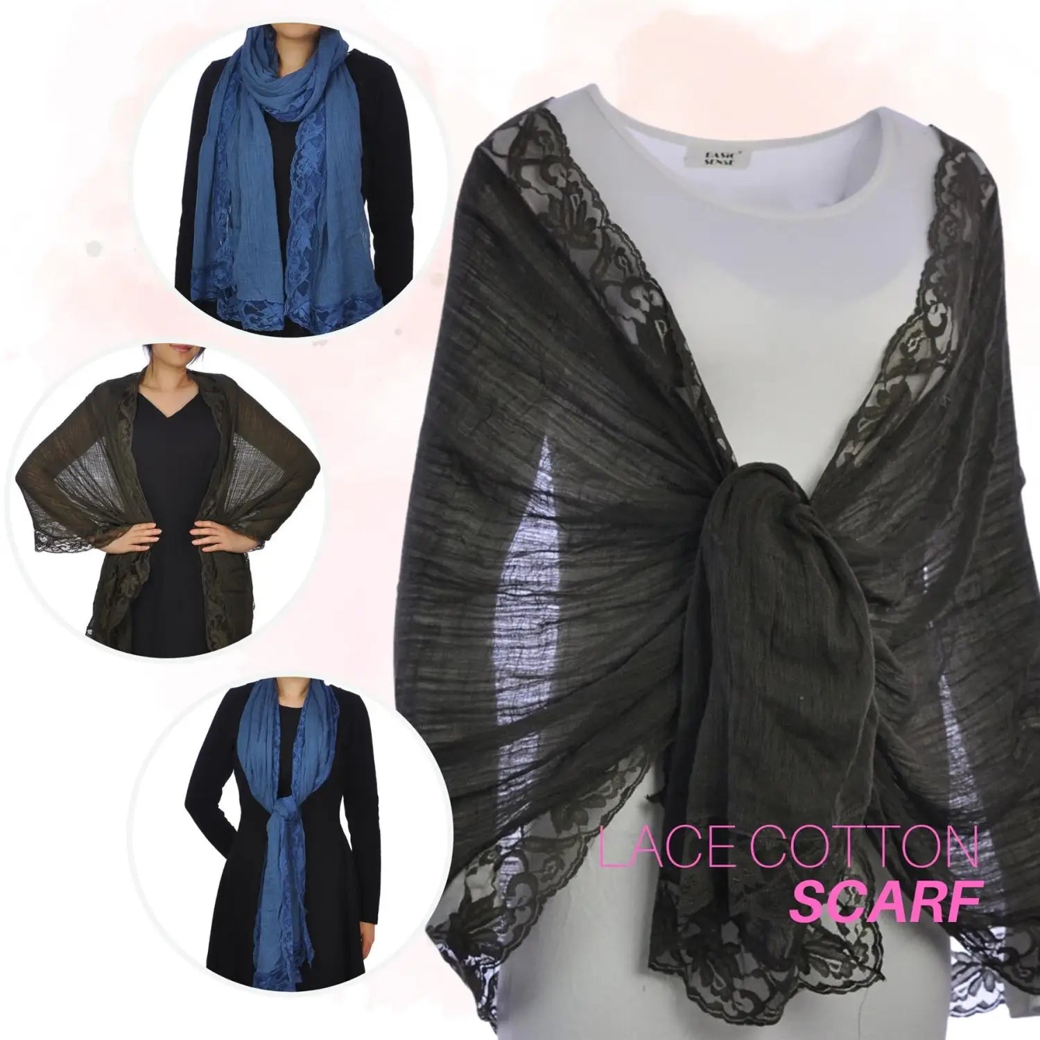 SALE Cotton Crinkled Lace-Edged Scarf Evening Shawl Black