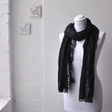 SALE Cotton Crinkled Lace-Edged Scarf Evening Shawl Black