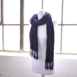 SALE Crinkled Cotton Scarf with Tassels in Navy, on mannequin