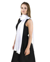 Elegant satin evening shawl - woman wearing white scarf